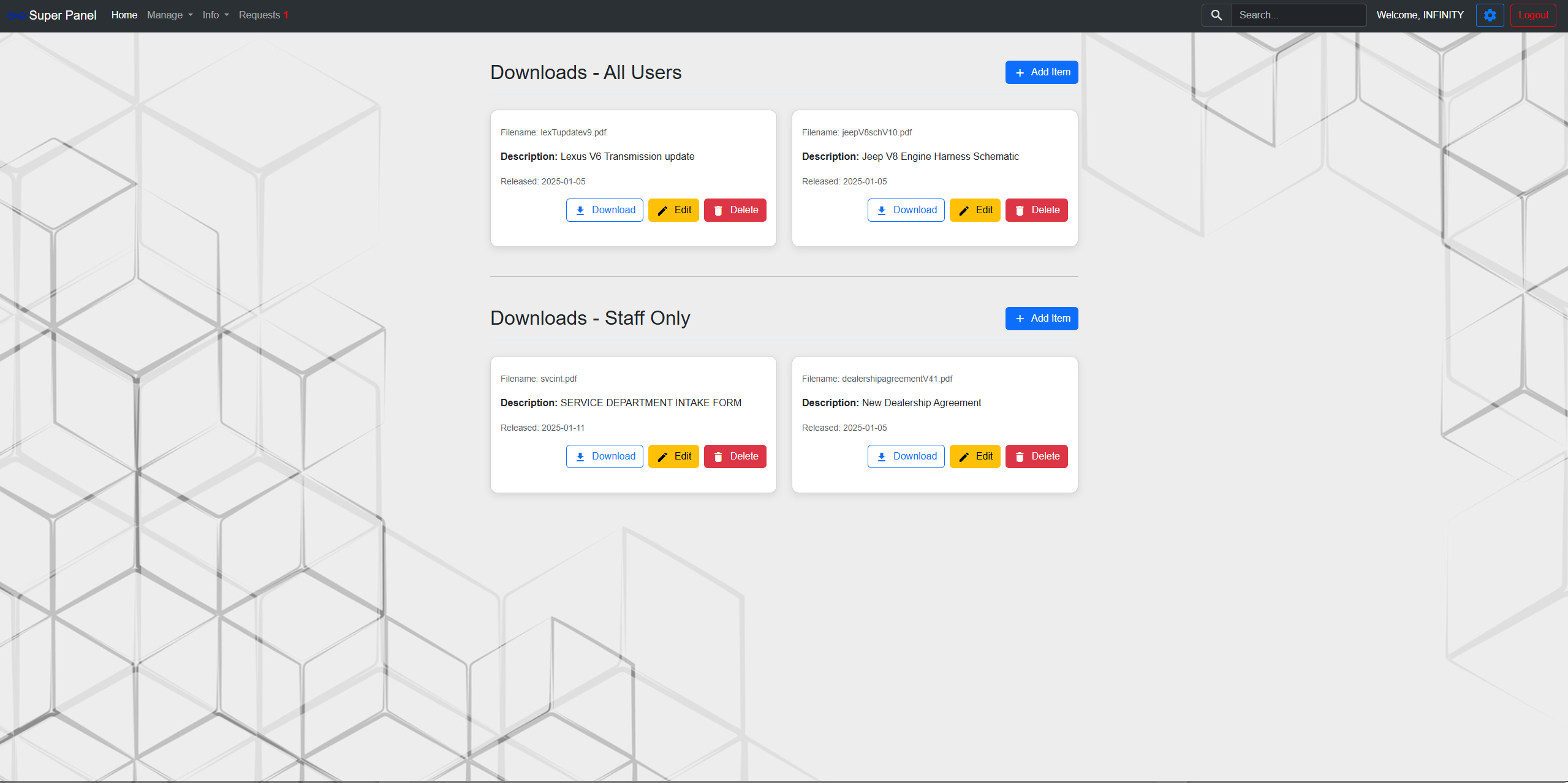 Interface for managing downloadable materials and catalogs